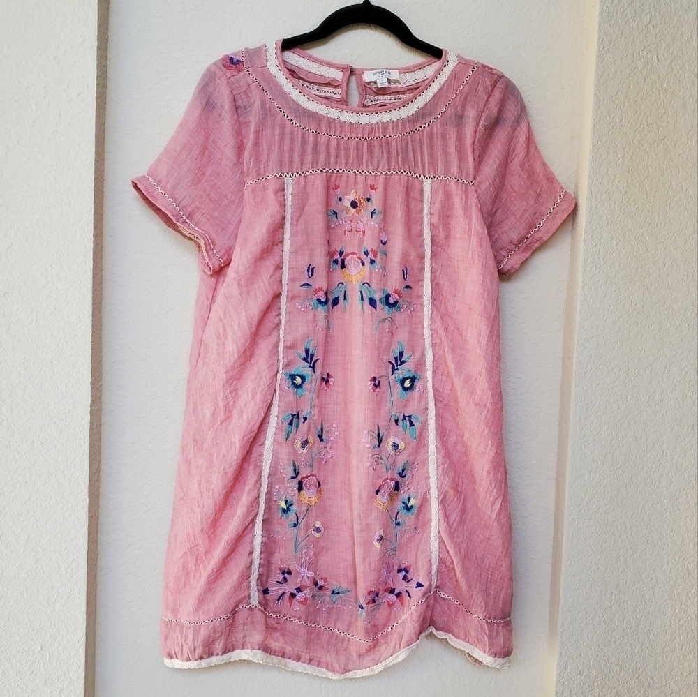 Umgee Pink Short Sleeve Embroidered Mini Dress Size S